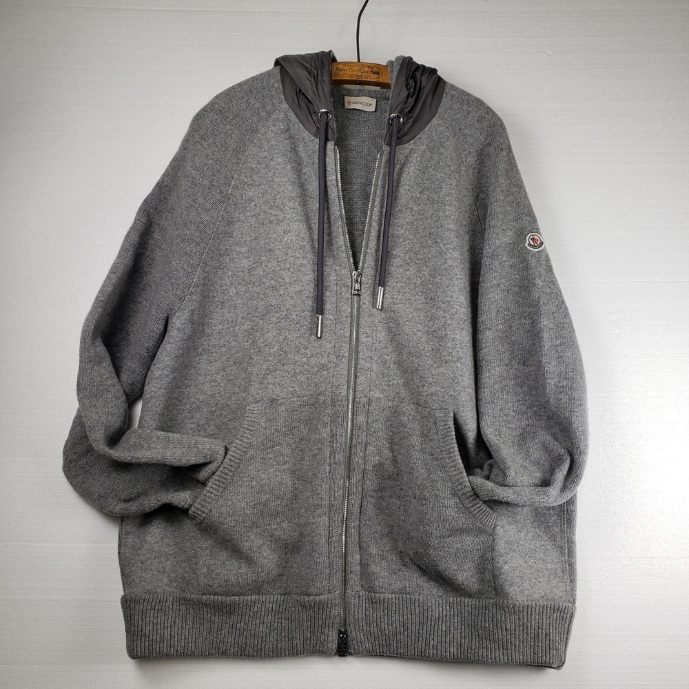 Moncler Gray Tonal Mixed Media Felt Knit Full Zip Hoodie Sweater Logo Patch